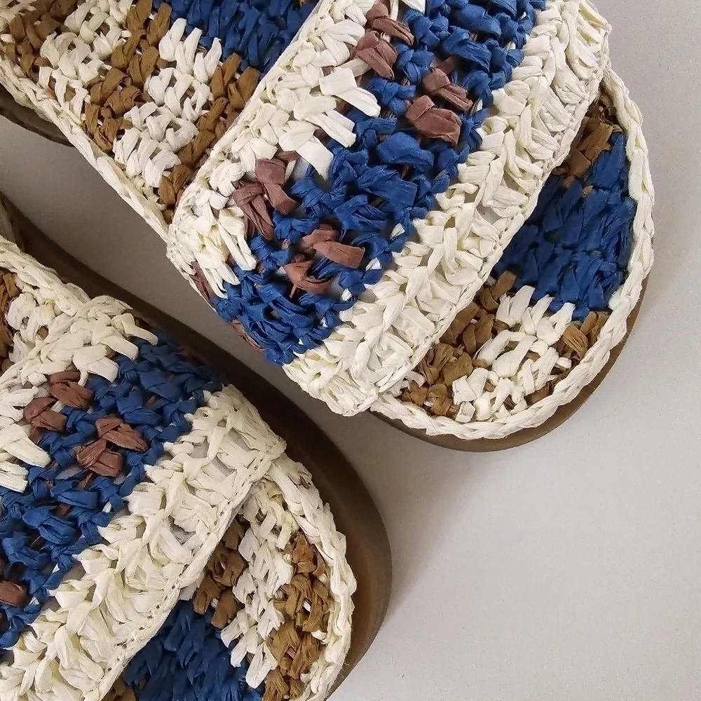 NIB Free People Boho Roma Raffia Sandals Platform Blue Cream Size 6 - Picture 9 of 16